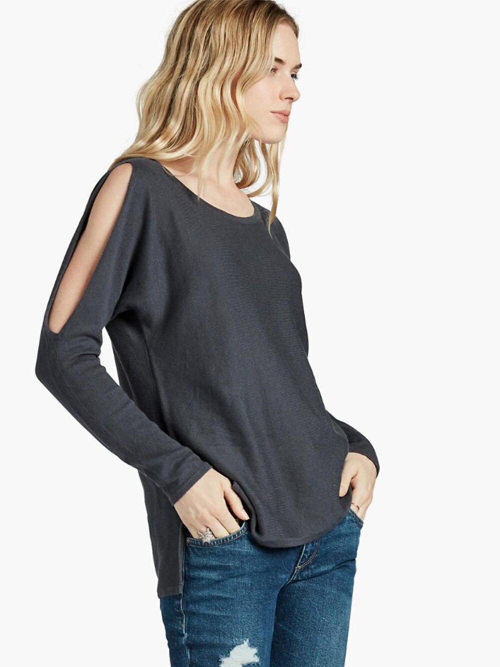 Lucky Brand Cashmere Blend Slit Sleeve Pullover Sweater Top Gray Size Small NEW